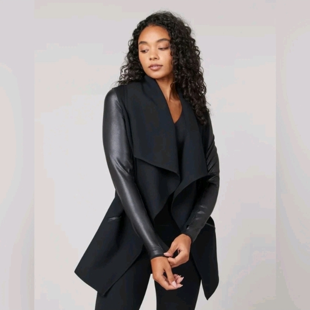 NWT Spanx Faux Leather Women's Black Drape Front Jacket